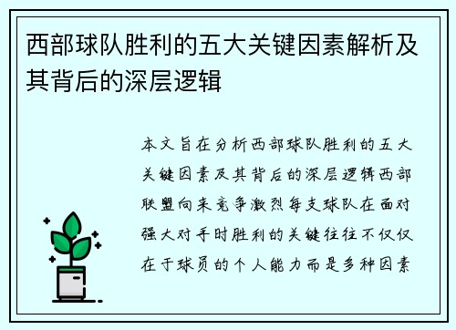 西部球队胜利的五大关键因素解析及其背后的深层逻辑