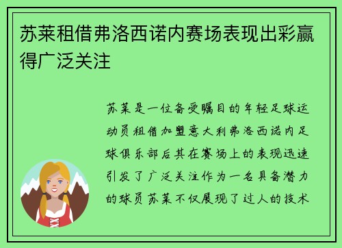 苏莱租借弗洛西诺内赛场表现出彩赢得广泛关注