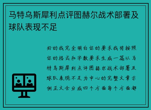马特乌斯犀利点评图赫尔战术部署及球队表现不足