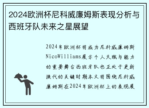2024欧洲杯尼科威廉姆斯表现分析与西班牙队未来之星展望